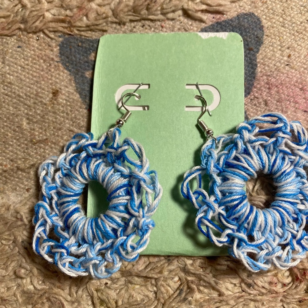 Hand Crafted Blue and White Crochet Earrings